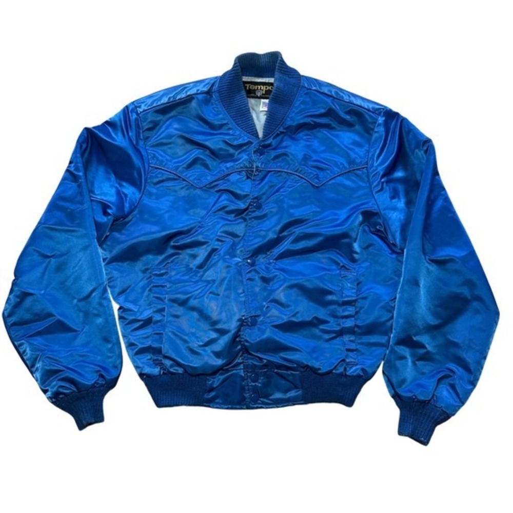 Vintage 70s 80s Tempco Quilted Bomber Jacket Snap Button Blue Western Style USA‎